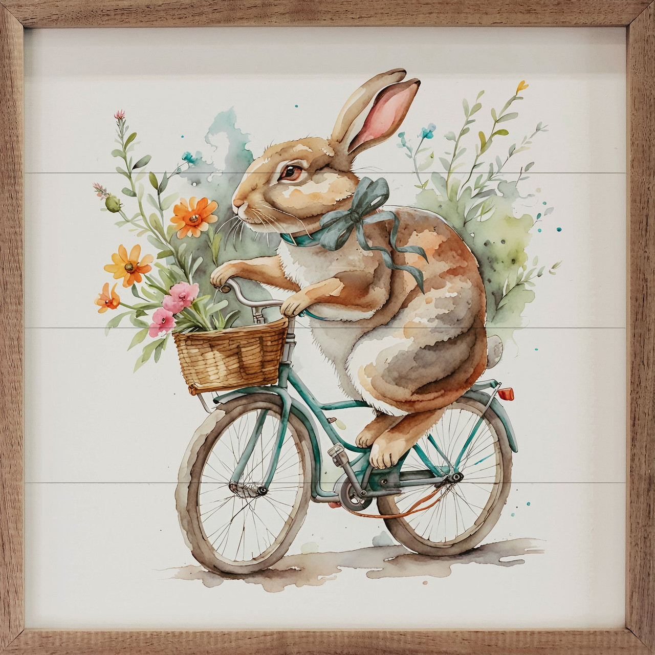 Bunny Making A Spring Flower Bicycle Delivery - Wood Framed Sign